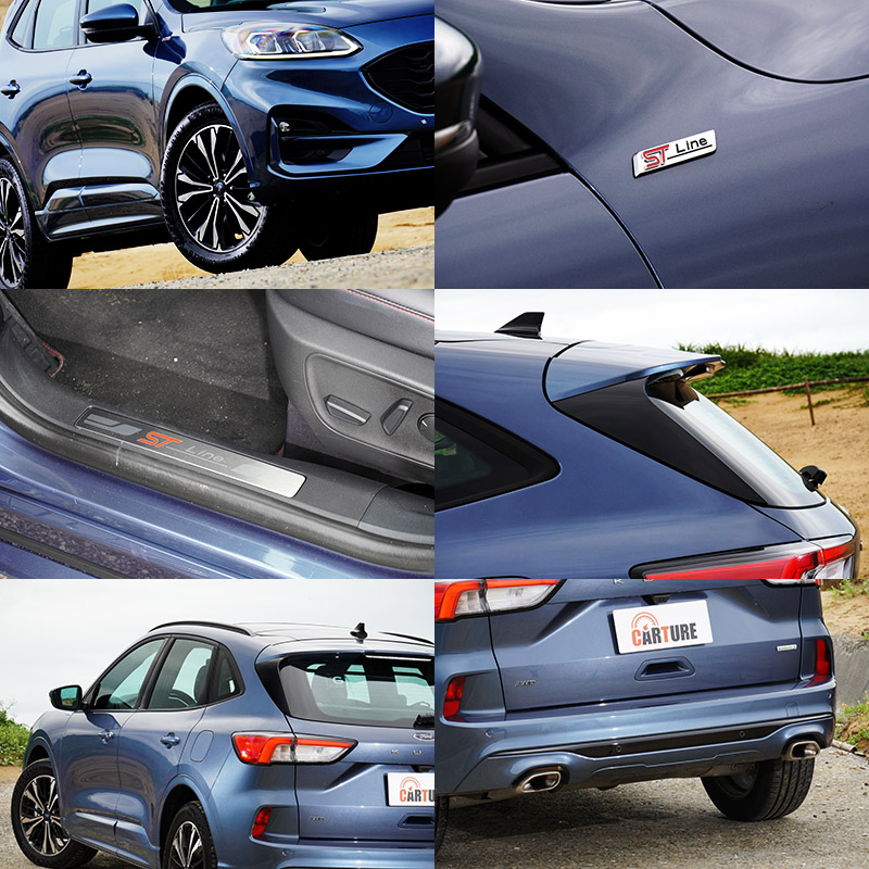 Ford Kuga EcoBoost 250 AWD ST-Line配有ST-Line專屬空力套件,包括前、後保桿、側裙、尾翼等,並在左右葉子鈑上有專屬銘牌,車內則有專屬金屬門檻。