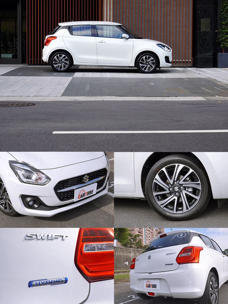小改款Swift外觀部分僅改變了水箱護罩的細部設計,採六角格柵式樣搭配置中的鍍鉻飾條,以及換上新的輪圈樣式,並在車尾加上了Hybrid銘牌。