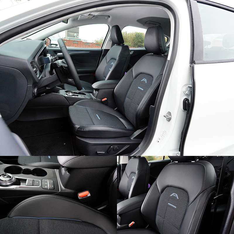 Focus Active換上了皮質與織布相搭的雙材質座椅,並以藍色縫線設計,以及在椅背上增加「A」字彩繪,同時,中控台飾板與車門飾板也改採藍色類碳纖式樣,展現出與其他車型不同的活潑氛圍。