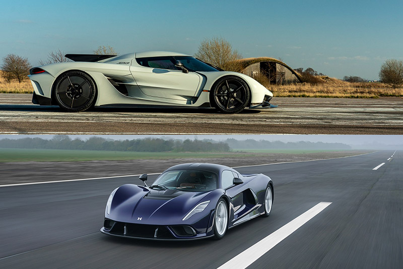 Hennessey Venom F5〈下〉與Koenigsegg Jesko Absolut〈上〉是另外兩款爭奪地表最速車的候選車。