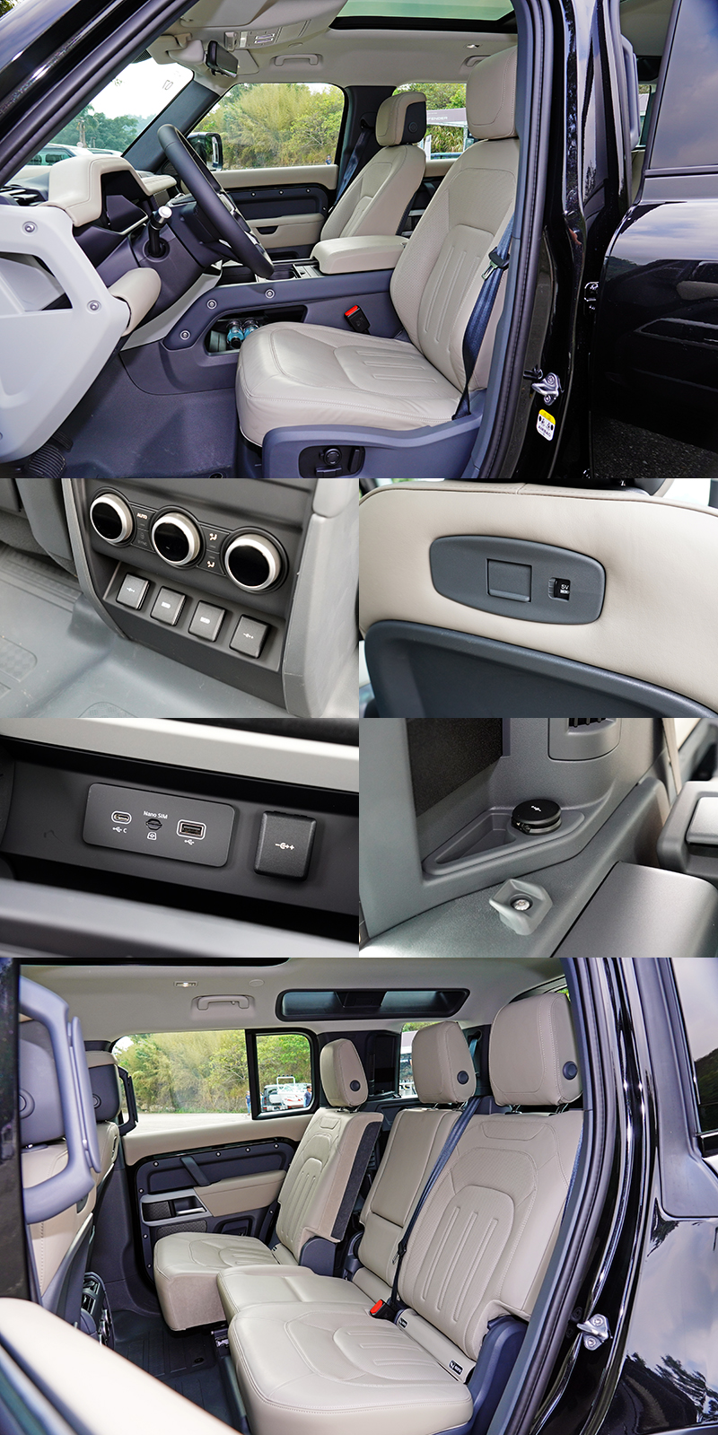 Deferder 110 P300 HSE雙前座配置具通風/加熱功能的14向電動座椅,第二排座椅也具備前後滑移與椅背傾斜角度可調功能,並且每一個座位都有電源插座,尤其第二排除了中央鞍座下方,連前座椅背上都有USB插座,簡直就是一輛為充電恐慌者設計的車。