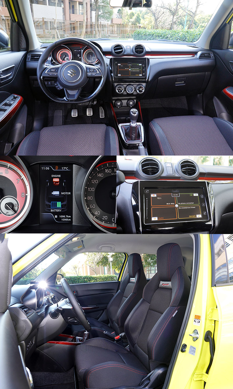小改款Swift Sport座艙陳設也幾乎完全相同,僅換裝具觸控螢幕與智慧手機連接功能的多功能資訊系統,另在儀錶板中的多功能顯示幕中增加Hybrid油電動力系統運轉模式與主動安全系統狀態顯示功能。