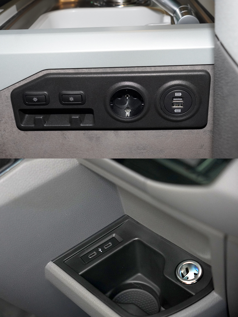 全車設有2組Type-C、2組傳統USB 充電插座,以及配置4組12V 120W 電源供應,並附設2組230V 歐規電源插座,提供車主便利快速充電。