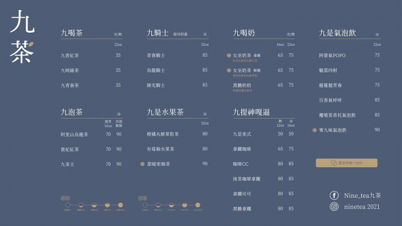 【車勢星聞】陳零九《Nine Tea 九茶》手搖飲菜單。(圖:翻攝自《Nine Tea 九茶》官方臉專)