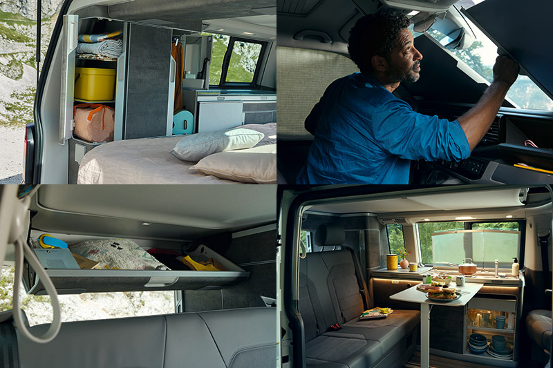 車艙內整合有冰箱、爐具、洗手台,尾廂還規畫有系統櫃及沖洗設備,座椅打平還能變為超大床鋪,說它是行動豪宅一點也不為過