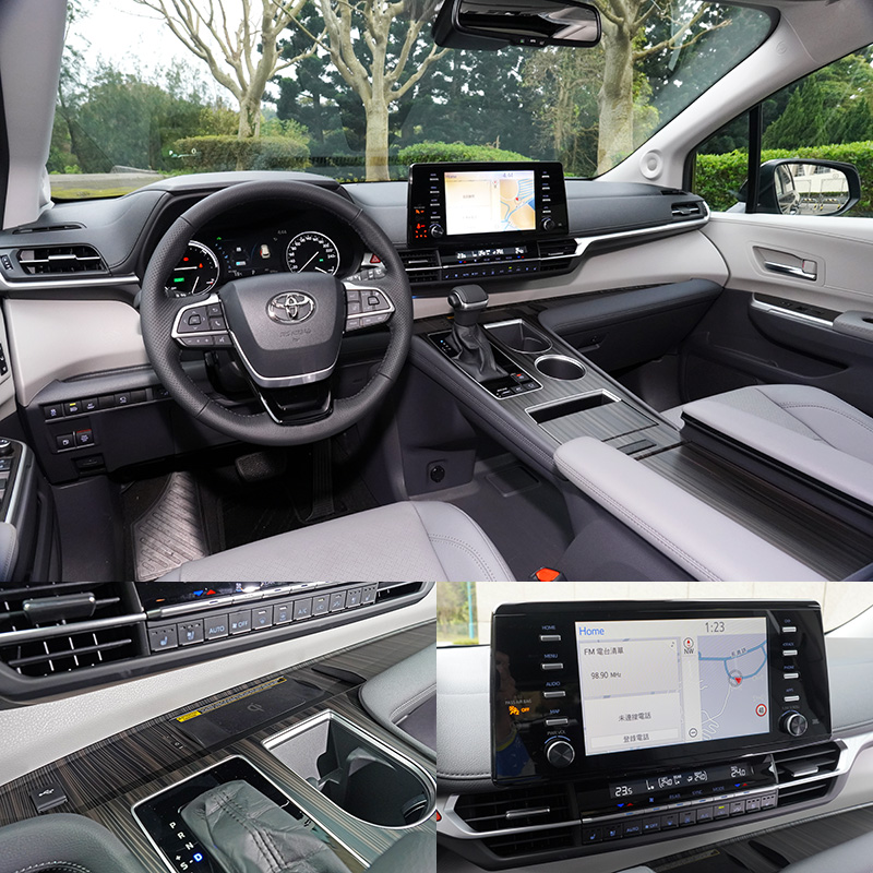 全新Sienna中控台採時下最流行的水平式階梯排列搭配懸浮獨立中置螢幕搭配高懸浮式鞍座設計而標配9吋觸控螢幕多功能主機與7吋數位儀錶板,排檔座前方另有無線充電座與USB插座。