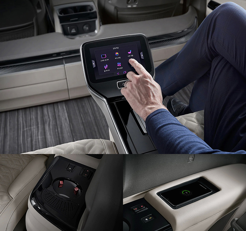 中央扶手前端七吋多功能觸控控制介面,兩側扶手則有無線充電板與具冷熱功能的杯架。