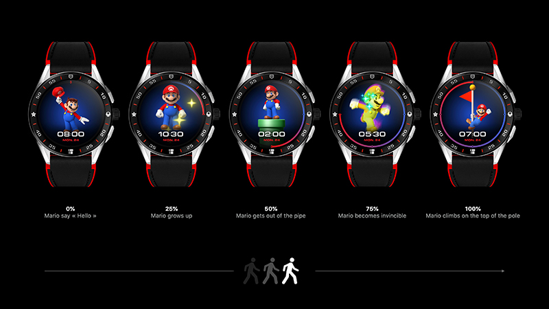 TAG Heuer Connected x Super Mario 限量版智能腕錶,用戶每日運動後在每個階段都會獲得獎賞畫面。(圖:品牌提供)