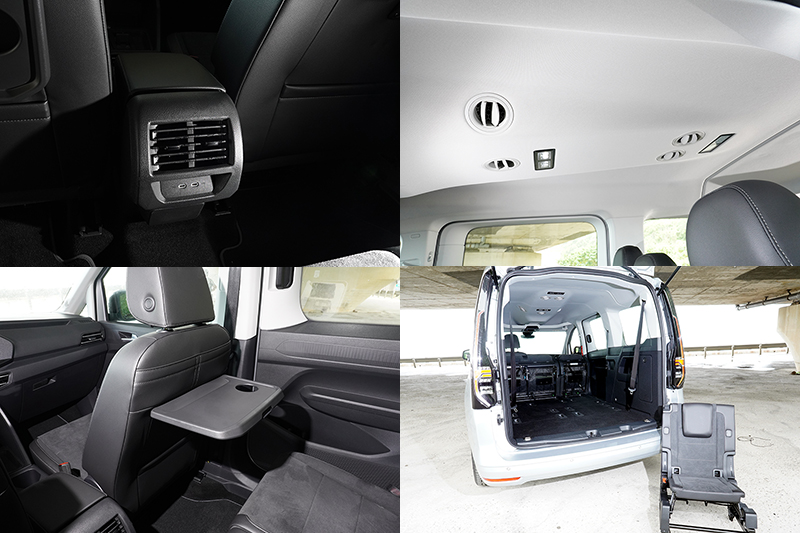 第二、三排座位都設有車頂出風口,第二排還配有雙Type C充電插座以及全車置杯架,以及前座椅背摺疊桌等配備,拆卸下的座椅也可當野餐椅使用。