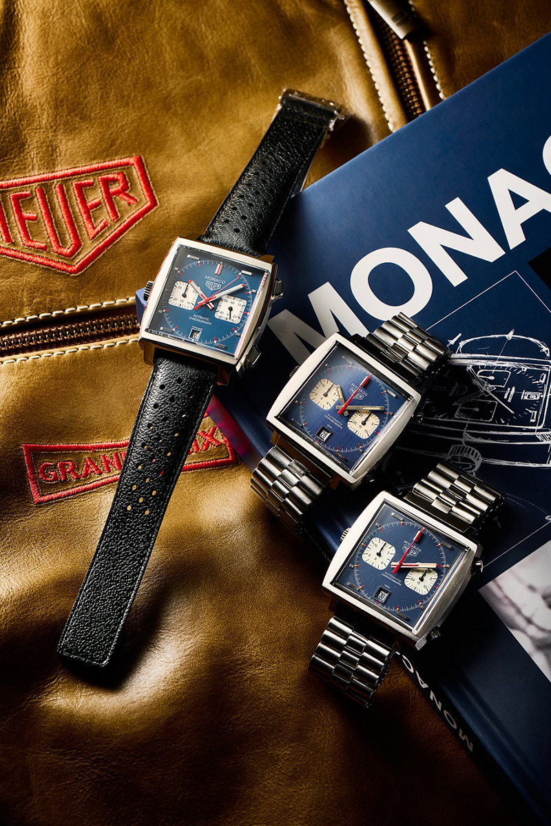 (左)TAG Heuer Monaco腕錶,參考編號CAW211P.FC6356 (中)Monaco 1133B Transitional-1970年 (右)Monaco McQueen (1133B)- 1972年。(圖:品牌提供)