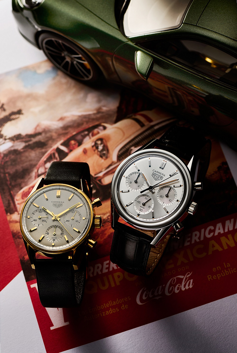 (左)Heuer Carrera 2456古董錶,搭載Valijoux 72機芯 (右)TAG Heuer Carrera H02 160週年限量銀面計時腕錶,參考編號CBK221B.FC6479,建議售價約NT$212,000。(圖:品牌提供)