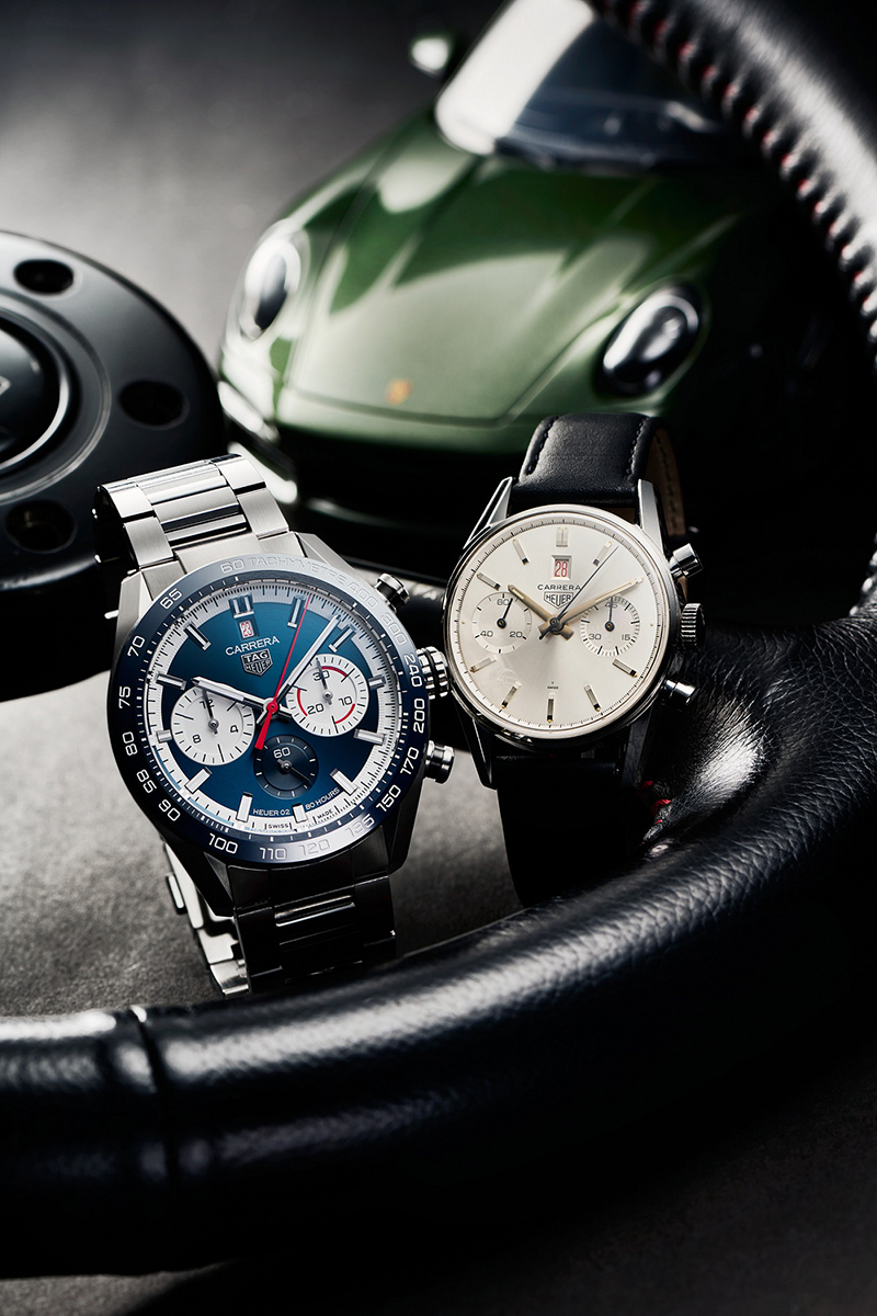 (左)TAG Heuer Carrera Sport H02 160 週年限量藍面計時腕錶,參考編號CBN2A1E.BA0643,建議售價NT$195,200 (右)Heuer Carrera Dato 45,型號3147。(圖:品牌提供)