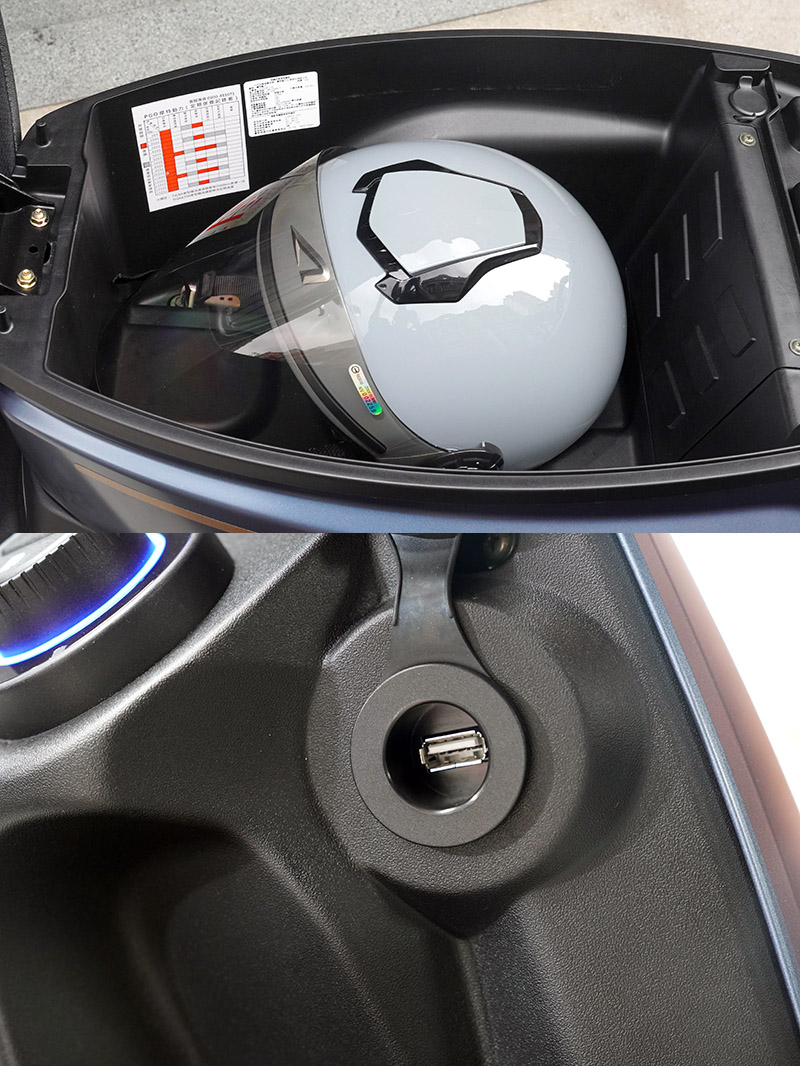 在旋鈕旁設有QC 3.0 USB 充電座,便於智慧行動裝置充電;而車廂容積則有22L,足以放置¾ 罩安全帽與大托特包。
