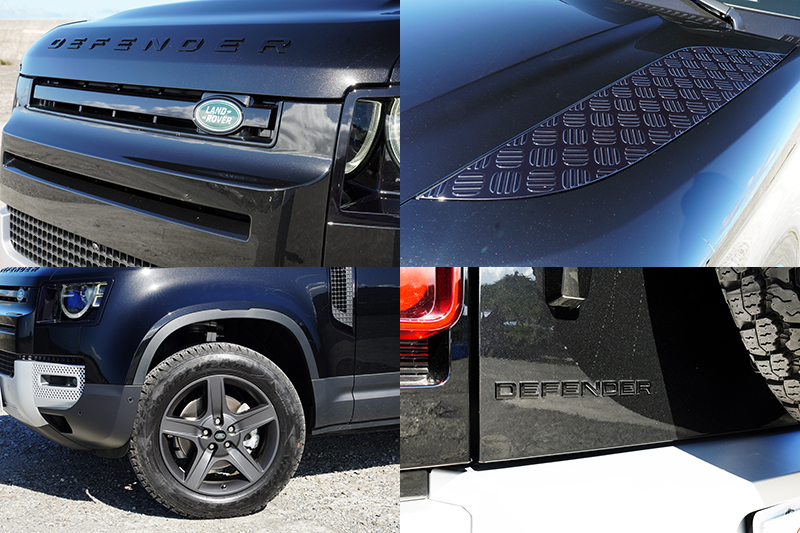 本次試駕的Defender 90 D250 S,Land Rover為它選配黑色外觀套件,在引擎蓋Defender字樣、引擎蓋飾板、水箱護罩、尾門Defender字樣都採用亮澤黑烤漆處理,搭配緞光灰色輪圈。