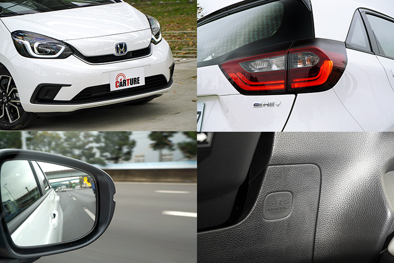 Fit eHEV與汽油版除動力系統以外的差異,有藍色底框廠徽、水箱護罩鍍鉻飾條,BSI盲點偵測警示系統與駕駛座膝部氣囊等。