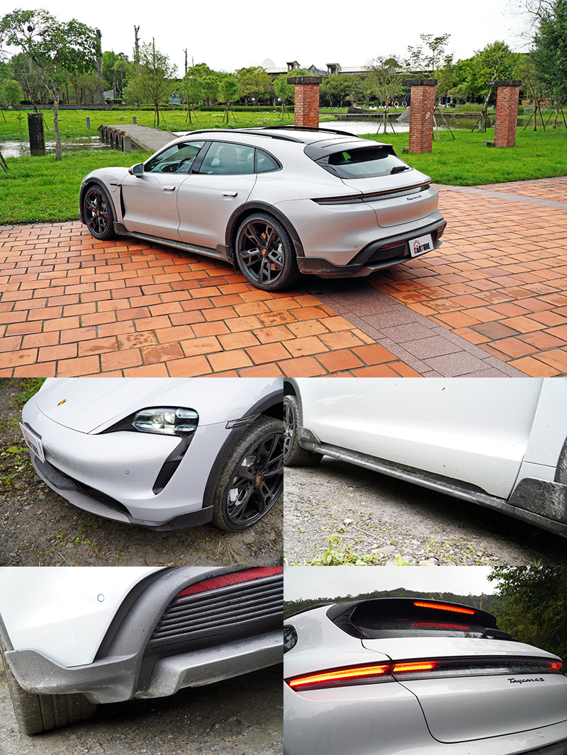 順應Taycan Cross Turismo的定位,外觀上在車體下緣、輪拱都加了黑色防刮材質,試駕車令選配越野套件則是增加側邊擾流翼點綴。