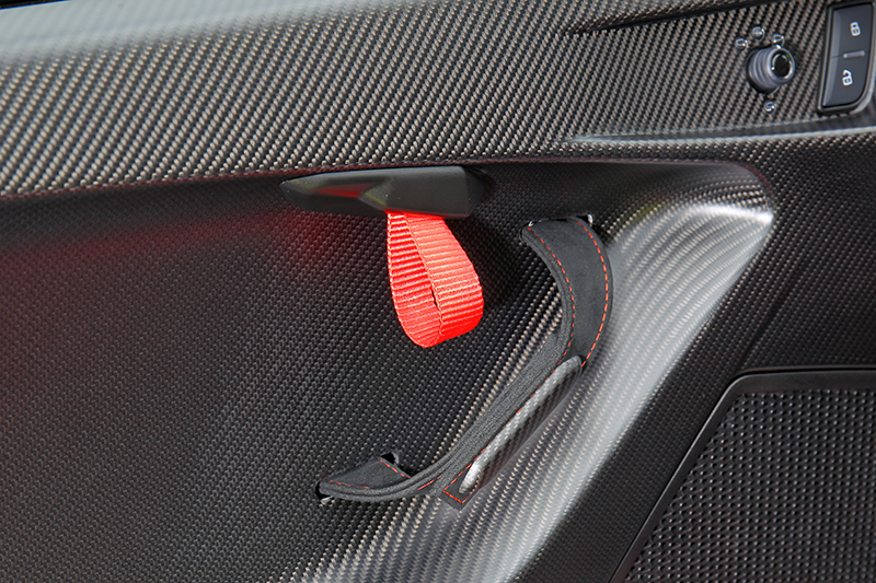 因應賽車身分車門採碳纖維材質,門把也採用把帶設計。