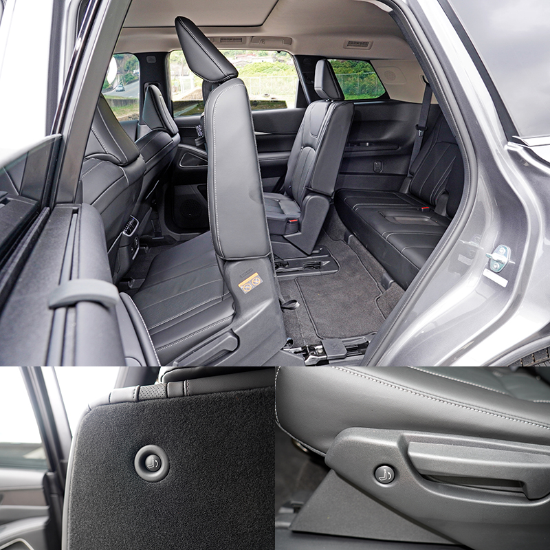 第二排座椅在側面下方與椅背上都有一鍵式彈性收移功能按鈕,方便第三排乘客進出車室。