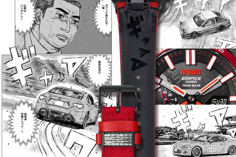 錶帶內側印有「ギャァア」的字樣與在錶帶扣環上雷射雕刻輪胎行駛後的痕跡。