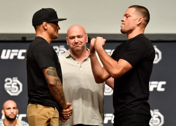 UFC 230で対戦することが発表されたダスティン・ポワリエとネイト・ディアス【アメリカ・カリフォルニア州ロサンゼルス/2018年8月3日(Photo by Jeff Bottari/Zuffa LLC/Zuffa LLC via Getty Images)】