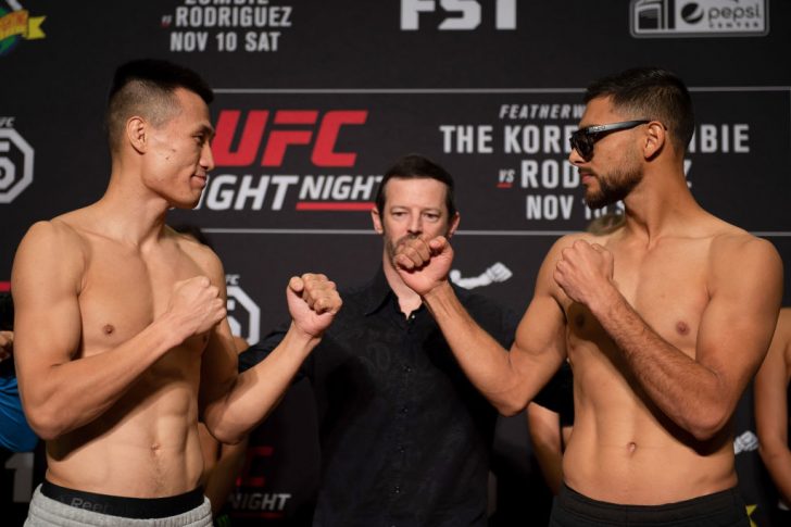 UFCファイトナイト・デンバー:フェイスオフに臨んだジョン・チャンソンとヤイール・ロドリゲス【アメリカ・コロラド州デンバー/2018年11月9日(Photo by Chris Unger/Zuffa LLC/Zuffa LLC via Getty Images)】