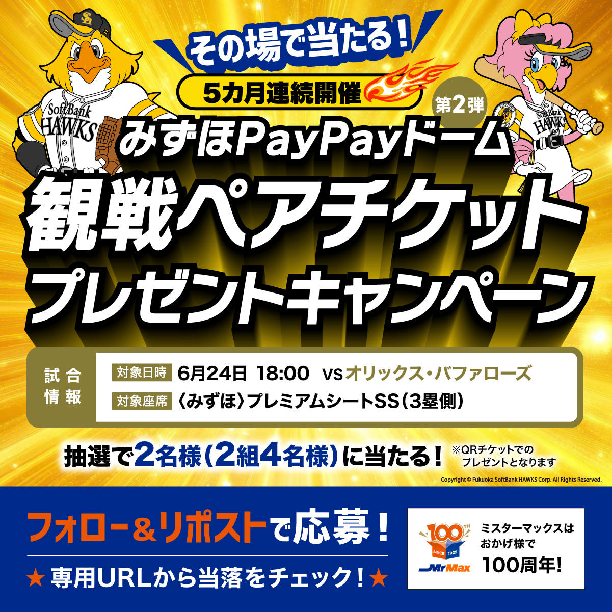 みずほPayPayドーム 観戦ペアチケット抽選キャンペーン 第2弾🔥