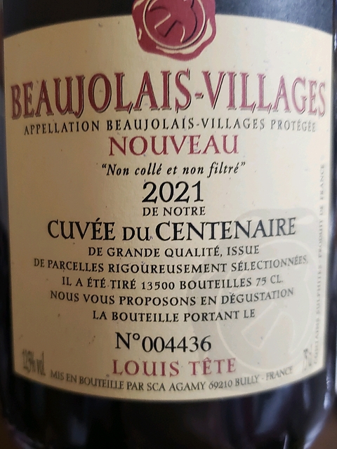 Louis Tête Beaujolais Villages Nouveau Cuvée du Centenaire(ルイ・テット ボージョレ・ヴィラージュ・ヌーヴォー キュヴェ・ドゥ・サントネール)