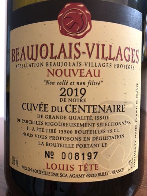 Louis Tête Beaujolais Villages Nouveau Cuvée du Centenaire(ルイ・テット ボージョレ・ヴィラージュ・ヌーヴォー キュヴェ・ドゥ・サントネール)
