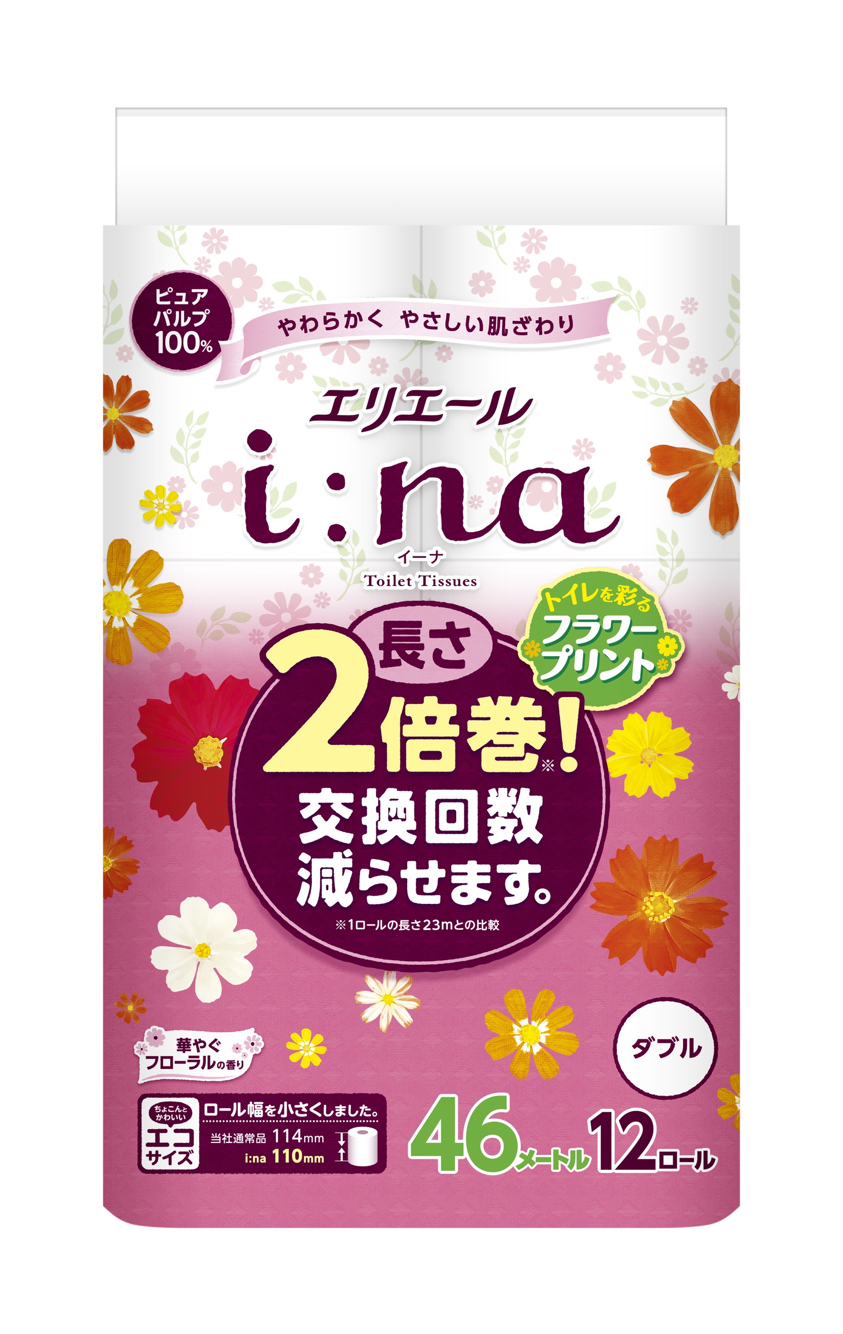 大王製紙 エリエール イーナ トイレットティシュー 2倍巻 華やぐフローラルの香り フラワープリント 12ロール/ダブル