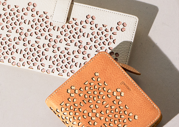 【新品】genten ゲンテン フラッターカットワーク 桜　二つ折り財布 花柄 桜の舞う様子をカットワークで表現したバッグ | くらしのgenten