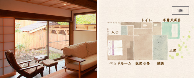 お部屋 “かいどう” 半露天風呂 + 板間6畳 + ベッドルーム + 土間