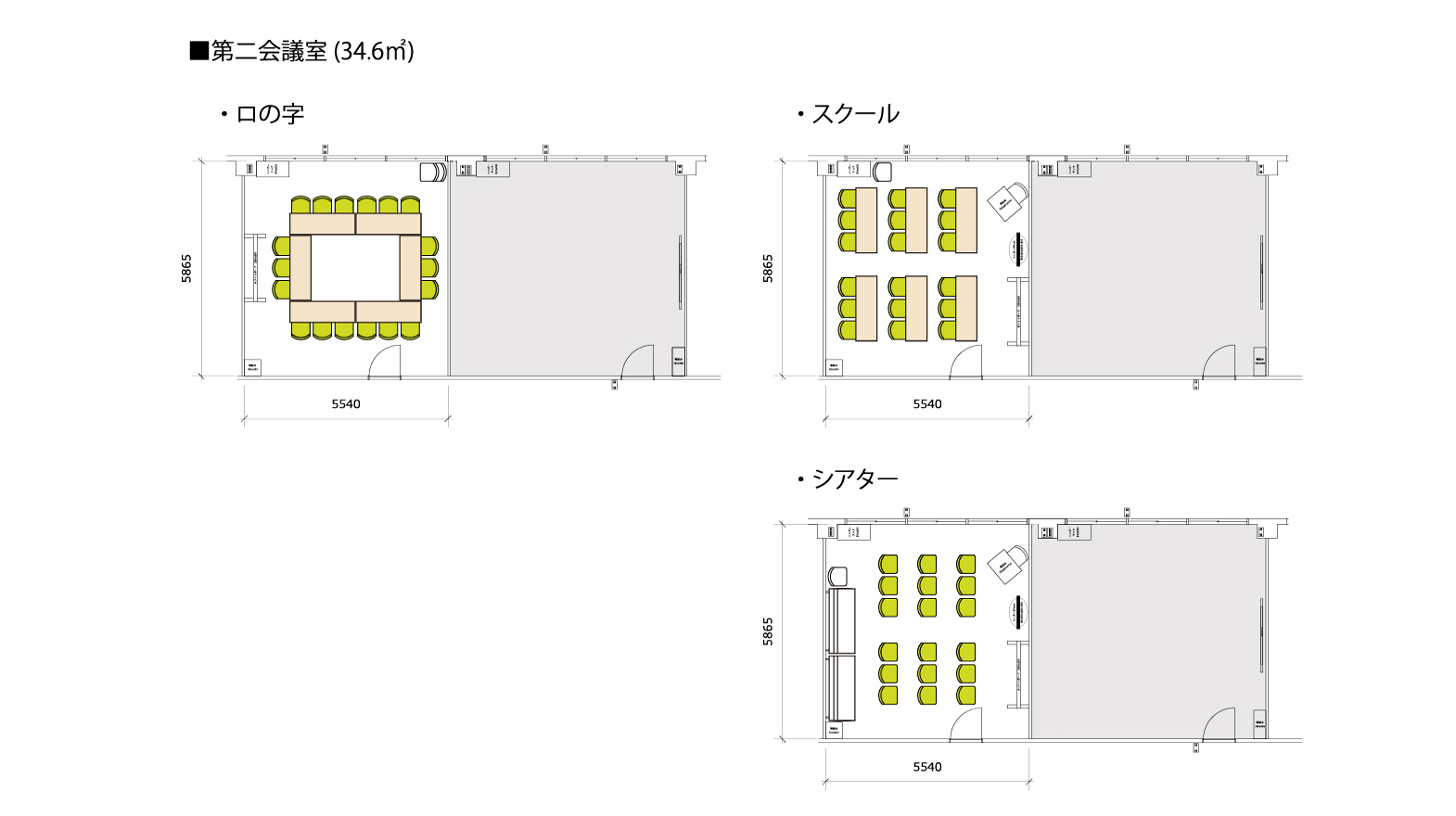 【レイアウト例】最大18名着席できます。基本レイアウトはロの字となります。予約時に希望レイアウトをお伝えいただければ事前にセッティングいたします。