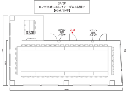 ロの字形式：48名/1テーブル3名掛け