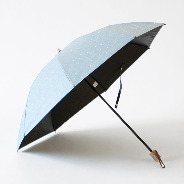 【別注】晴雨兼用折りたたみ傘　フリンジドットシェード　ラタンハンドル(BLUE)